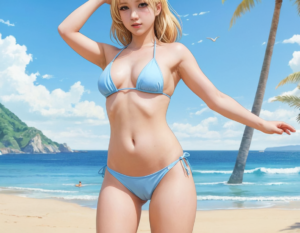 Pretty blonde wearing light blue bikini showing vulva cleft and large breast