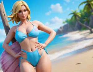 Pretty blonde wearing light blue bikini showing vulva cleft and large breast