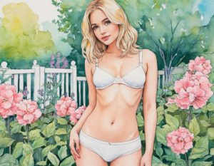 Woman in a cartoon style wearing white cotton bra and knickers