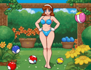 Game sprite girl wearing blue bikini, semi naked
