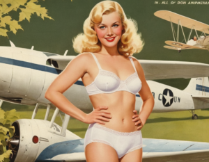 Vintage image of blonde women wearing white cotton bra and panties