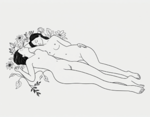 Women in love drawn in a line style art of two naked women