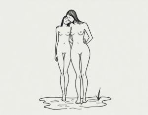 Women in love drawn in a line style art of two naked women