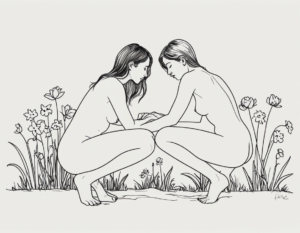 Women in love drawn in a line style art of two naked women