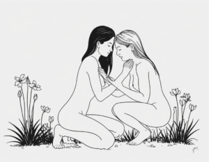 Women in love drawn in a line style art of two naked women