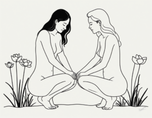 Women in love drawn in a line style art of two naked women