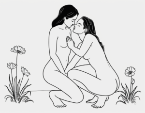 Women in love drawn in a line style art of two naked women