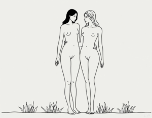 Women in love drawn in a line style art of two naked women