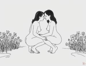 Women in love drawn in a line style art of two naked women