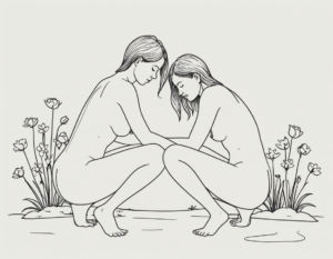 Women in love drawn in a line style art of two naked women