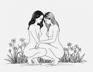 Women in love drawn in a line style art of two naked women