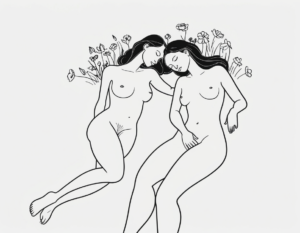 Women in love drawn in a line style art of two naked women