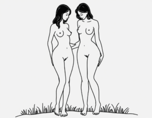 Women in love drawn in a line style art of two naked women