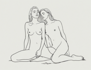 Women in love drawn in a line style art of two naked women