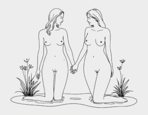 Women in love drawn in a line style art of two naked women